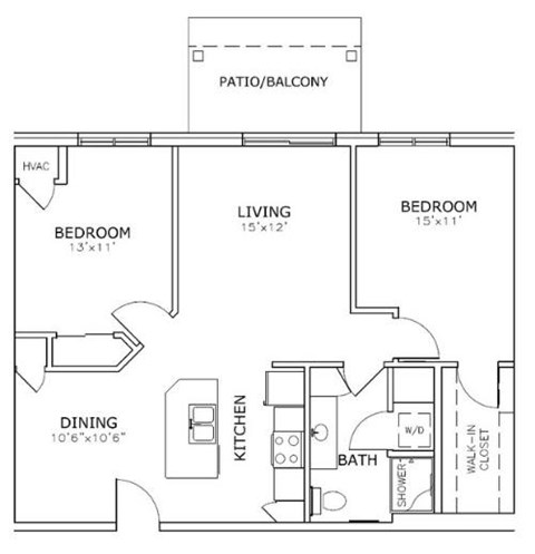 Floor plan for 2 beds, 1 bath, 938 sqft